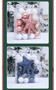 Detailed set of assorted Christmas ornaments with glitter tree topper in clear box