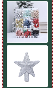 Detailed close-up of glitter star tree topper and matching silver Christmas ball ornaments