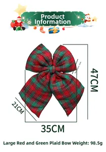 Large red and green plaid Christmas tree bow decoration, size 47x35cm, made of fabric