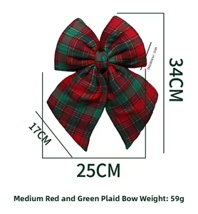 Detailed dimensions of a red and green plaid Christmas tree bow measuring 34x25cm
