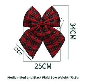 Detailed size guide for the medium red and black plaid Christmas bow with dimensions