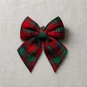 Detail of a festive red and green plaid Christmas bow made of premium durable material
