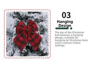 Detail of red and black buffalo plaid Christmas bow with hanging rope on snowy tree