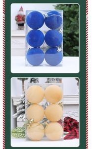 Detail of blue and champagne flocked Christmas ball ornaments in clear plastic 6-piece box