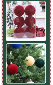 Close-up of matte velvet flocked Christmas baubles hanging on a decorated tree branch