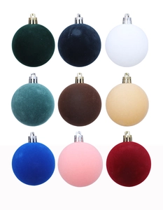 Detailed grid of nine matte flocked Christmas ball ornaments in assorted festive colors