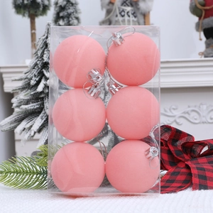Set of 6 pink flocked Christmas tree ornaments in a transparent box for holiday decor