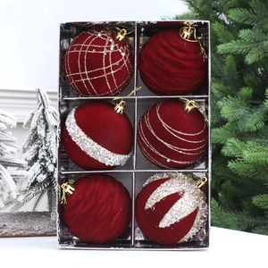 Set di 6 palline di Natale da 8cm rosso scuro con glitter e texture in velluto