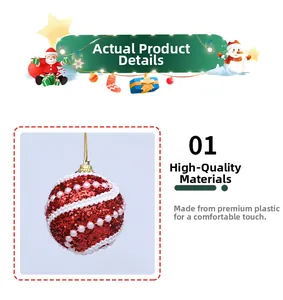 Macro detail of red glitter Christmas ball with white pearl wavy bead chain decoration