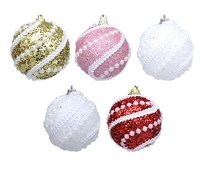 Detail of 6cm Christmas pearl foam ornaments with glitter finish and hanging hooks