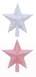 Detail von rosa und weißen Glitzer-Christbaumsternen mit bunten Akzenten