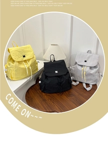 Three Korean-style nylon drawstring backpacks with flap closure and cute rabbit logos