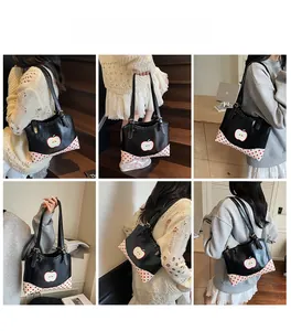 Collage of black shoulder bag with apple print shown across multiple lifestyle settings