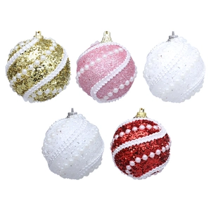Christmas foam pearl ball set in gold pink and red glitter with spiral bead ornaments