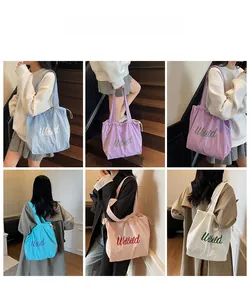 Collage of multi-color drawstring canvas tote bags showing various carrying styles and colors