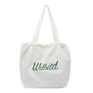 White canvas tote bag with green cursive Wabild print and drawstring closure