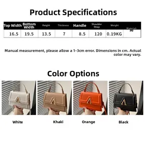 Detail view of colorful PU square handbags showing metal hardware and size dimensions