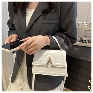 Detail of white leather mini bag with elegant gold V-shape metal clasp on structured flap