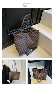 Detail of coffee checkered tote bag set featuring knot handles and a matching pouch