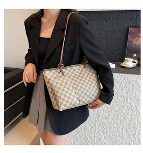 Detail of checkered tote bag showing leather strap and durable monogram canvas texture