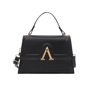 Classic black square handbag with golden A-shaped lock and adjustable strap