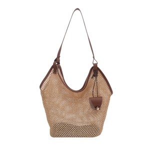 Large woven tote bag in light coffee mesh with brown leather straps for summer commute