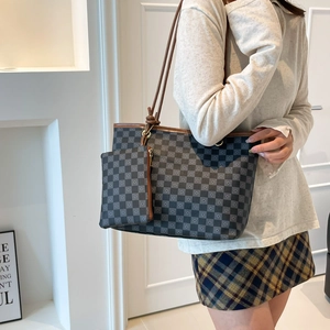 Fashionable checkered bucket tote bag set with double handles and a matching pouch