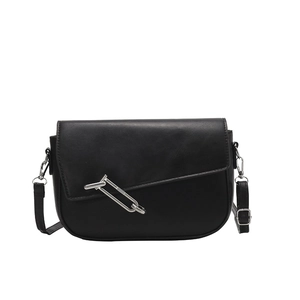 Minimalist black matte leather saddle bag with asymmetric flap and silver chain detail
