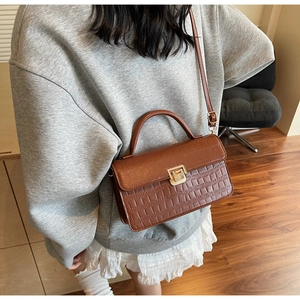 Gros plan du sac marron à texture crocodile avec un fermoir carré doré haut de gamme