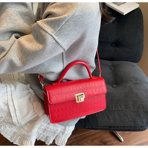 Detail of red crocodile texture handbag with golden square buckle on grey outfit