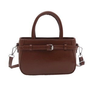 Chic dark brown faux leather crossbody bag with silver buckle and adjustable strap