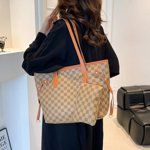 Retro khaki tote bag set with geometric patterns and brown leather straps for women