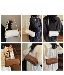 Detailed model views of white and brown leather baguette bags with adjustable straps