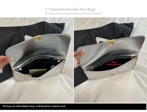 Vue intérieure du sac baguette argenté avec fermoir doré et rangement pour essentiels