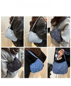 Detailed views of denim shoulder bags with colorful bow embroidery in various shades