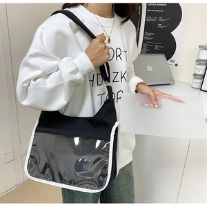 Sac ita japonais en toile noire avec grand compartiment en PVC transparent et bord blanc