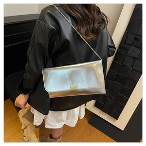 Silver metallic envelope bag with gold square clasp and chain strap worn by model