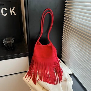 Bohemian Suede Fringe Bucket Bag Vintage Tassel Shoulder Bag With Pouch Retro Urban Fashion Accessory Women