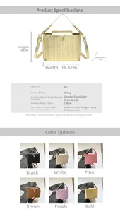 Detailed size chart and specifications for the large capacity woven PU leather crossbody bag