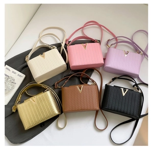 Detailed grid of 6 colorful woven texture crossbody bags with gold V-shape buckle