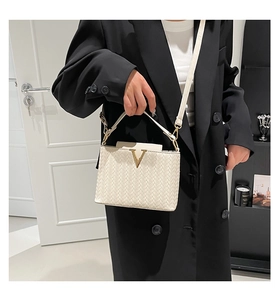 Détail du sac à main tissé crème avec boucle en V dorée et bandoulière en cuir