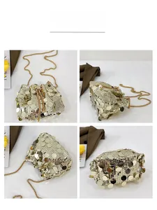 Detail shots of gold sequin bucket bag with metal chain from multiple angles