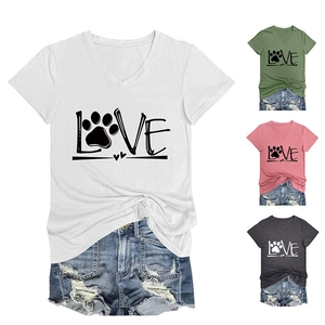 Detail view of V-neck women's t-shirts in white, green, pink, and grey with Love print
