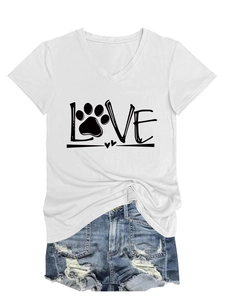 Detail of V-neck white t-shirt with artistic LOVE print and pet paw design for women