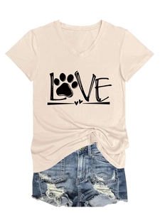 Detail of V-neck beige T-shirt with black LOVE lettering and pet paw print design
