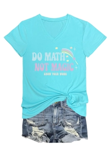 Detail of bright blue V-neck t-shirt featuring Do Math Not Magic rainbow graphic print
