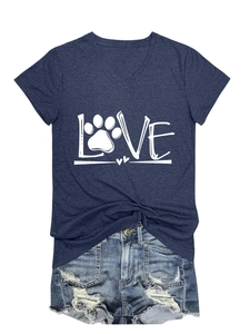 Detail of navy V-neck T-shirt with LOVE paw print design and stylish knotted hem
