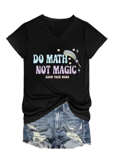 Detail of the V-neck tee with Do Math Not Magic print and distressed denim shorts
