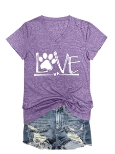 Detail of purple V-neck t-shirt with white LOVE print and pet paw pattern design