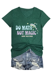 Detail of V-neck T-shirt with Do Math Not Magic print paired with denim shorts